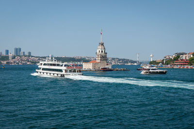 Scenic view of sea by buildings against clear sky