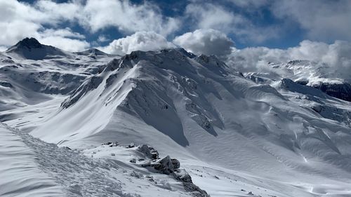 Scenic view of snowcapped mountains against sky