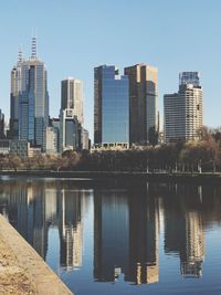 Reflection of buildings in lake against clear sky