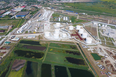 High angle view of road amidst buildings in city