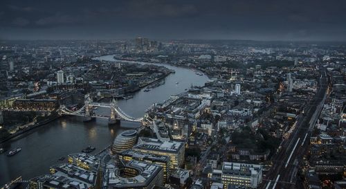 High angle view of cityscape during sunset