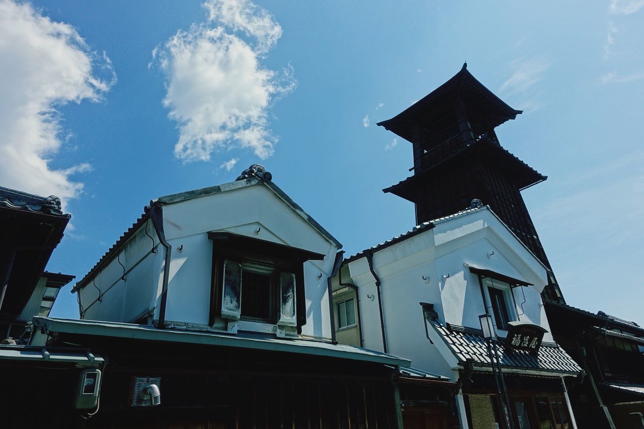 building exterior, low angle view, architecture, built structure, sky, blue, house, residential building, cloud, residential structure, day, outdoors, sunlight, high section, window, cloud - sky, no people, building, church, roof