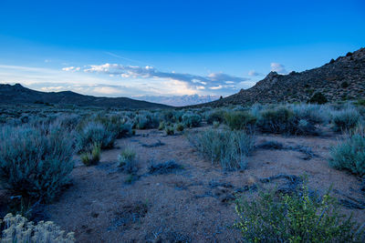 Scenic view of mountains against blue sky