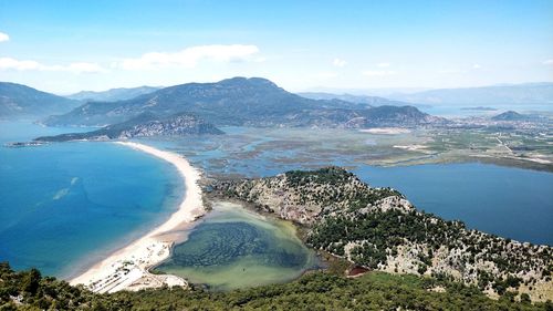 High angle view of bay against sky