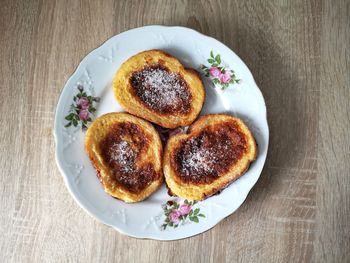 High angle view of dessert in plate on table