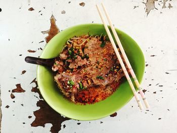 High angle view of food in bowl on table