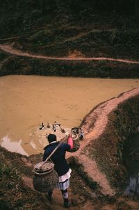 High angle view of people photographing water on land