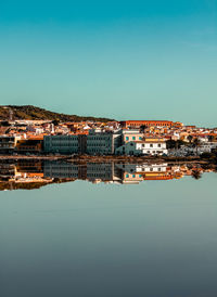 Reflection of buildings in river against clear blue sky