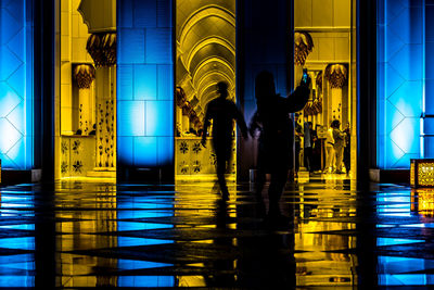 Rear view of people at illuminated building