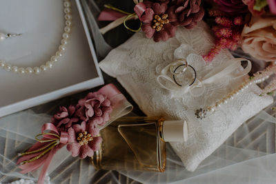 High angle view of flower bouquet on table