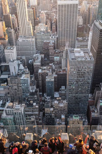 High angle view of modern buildings in city