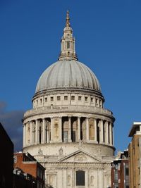 Low angle view of temple against clear blue sky