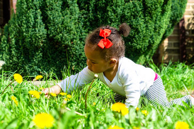 Crawling toddler playing on grass with flowers