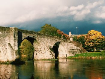 Fountain by bridge against sky
