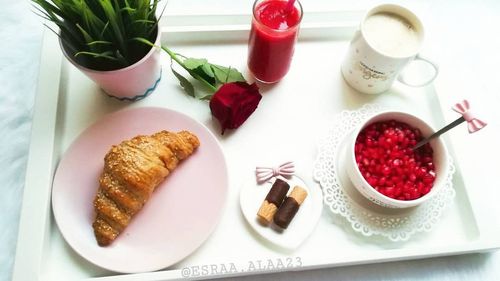 High angle view of breakfast served on table