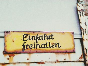 Close-up of information sign