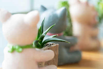 Close-up of toy and potted plant on table