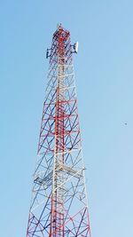 Low angle view of electricity pylon against clear blue sky