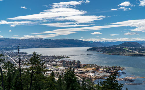 High angle view of bay and buildings against sky