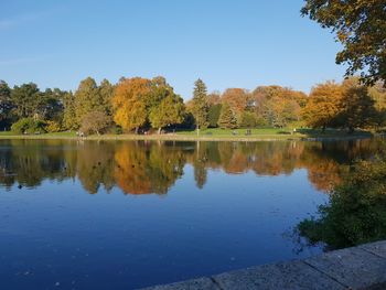 Scenic view of lake against clear blue sky
