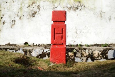 Red structure on grass