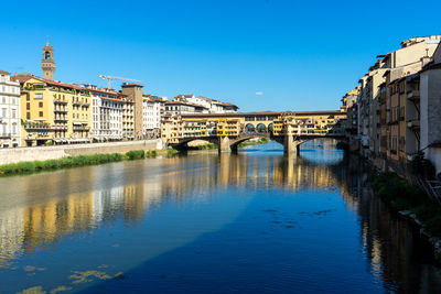 Arch bridge over river amidst buildings against clear blue sky