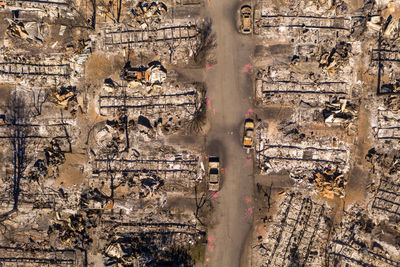 Top down view of burned mobile home park in oregon from 2020 wildfires