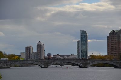 Skyscrapers in city against cloudy sky
