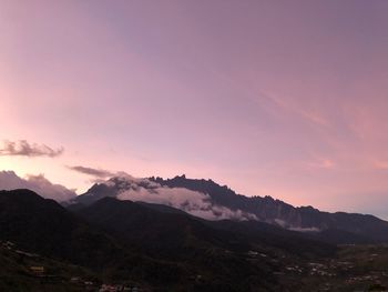 Scenic view of mountains against sky at sunset