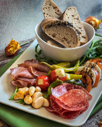 High angle view of meal served on table