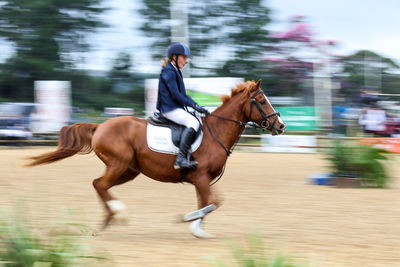 Young woman riding horse