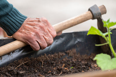 Cropped hand of man working on field