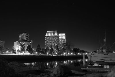 View of city lit up at night