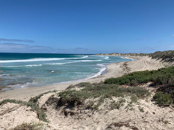 Scenic view of beach against blue sky