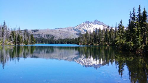 Scenic view of lake and mountains against clear blue sky