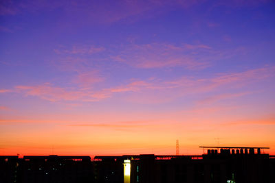 Silhouette buildings against blue sky at sunset