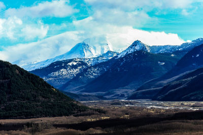 Scenic view of snowcapped mountains against sky