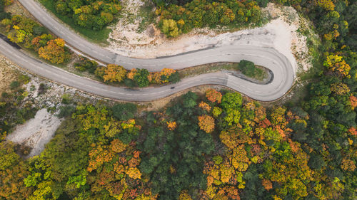 Aerial view of a winding road from a high mountain pass through a dense colorful autumn forest.