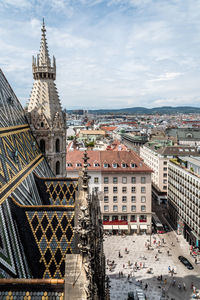 High angle view of historic church in city