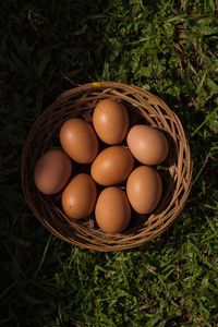 High angle view of eggs in basket