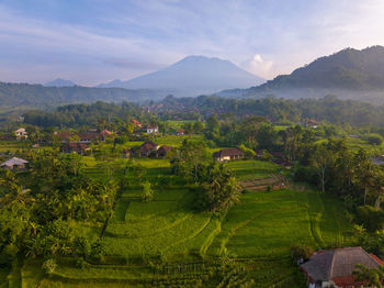 High angle view of trees and mountains against sky