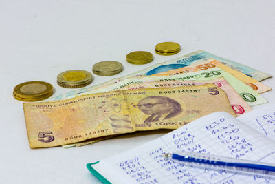 High angle view of coins on table