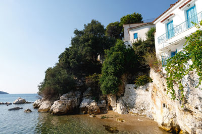 Trees and rocks by sea against clear sky