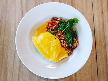 High angle view of breakfast served on table