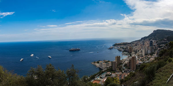 High angle view of sea against blue sky