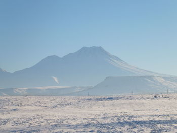 Scenic view of snowcapped mountains against clear sky