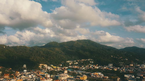 High angle shot of townscape against sky