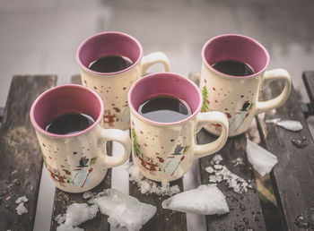High angle view of hot wines in mug during winter