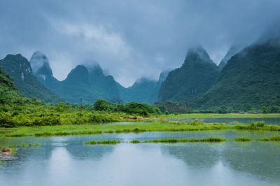 Scenic view of lake by mountains against sky