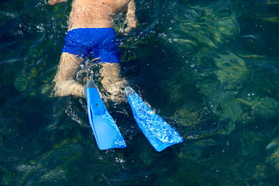 Low section rear view of boy swimming in sea